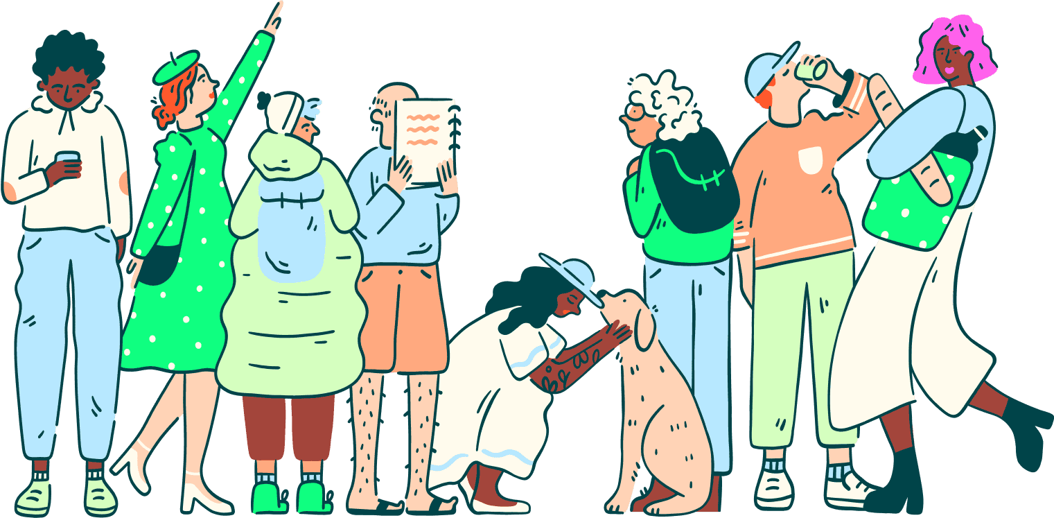 colorful cartoon images of people drinking coffee, shopping, and reading.