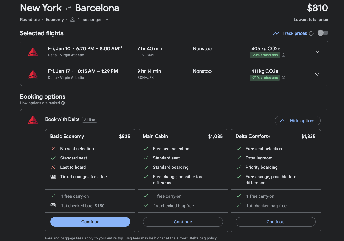 Sample ticket with legacy airline from NYC to Barcelona