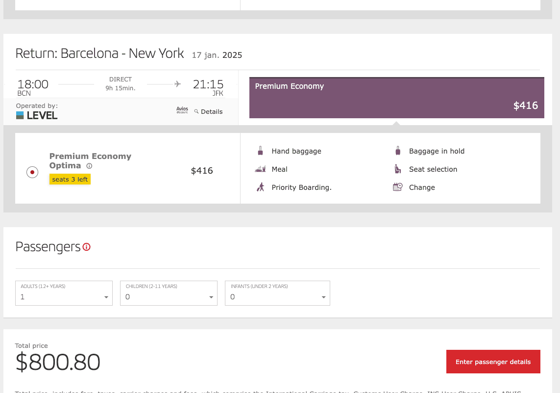Sample ticket with budget airline from NYC to Barcelona