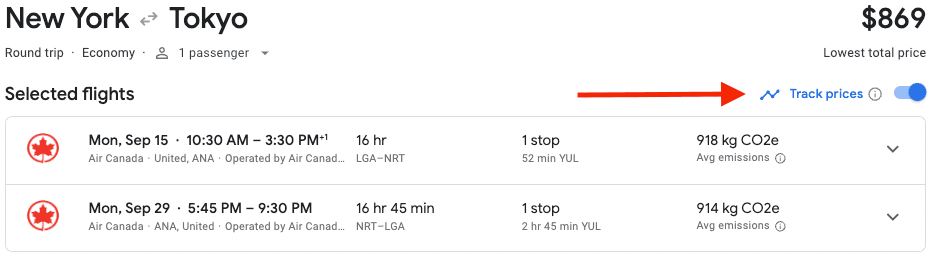 Track prices for a flight