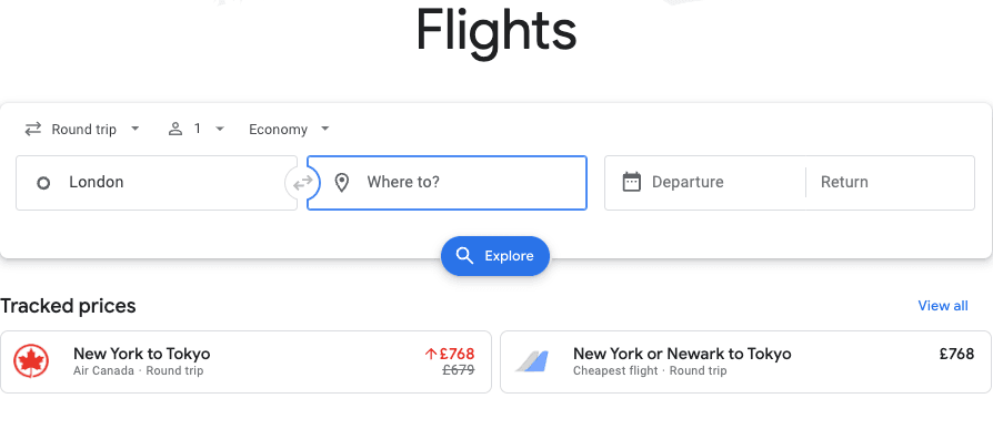 Track prices from the main Google Flights page