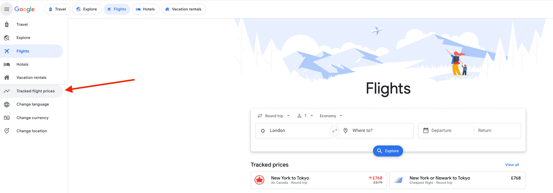Choose Track Flight Prices from the Google Flights drop-down menu for a more in-depth look at price trends